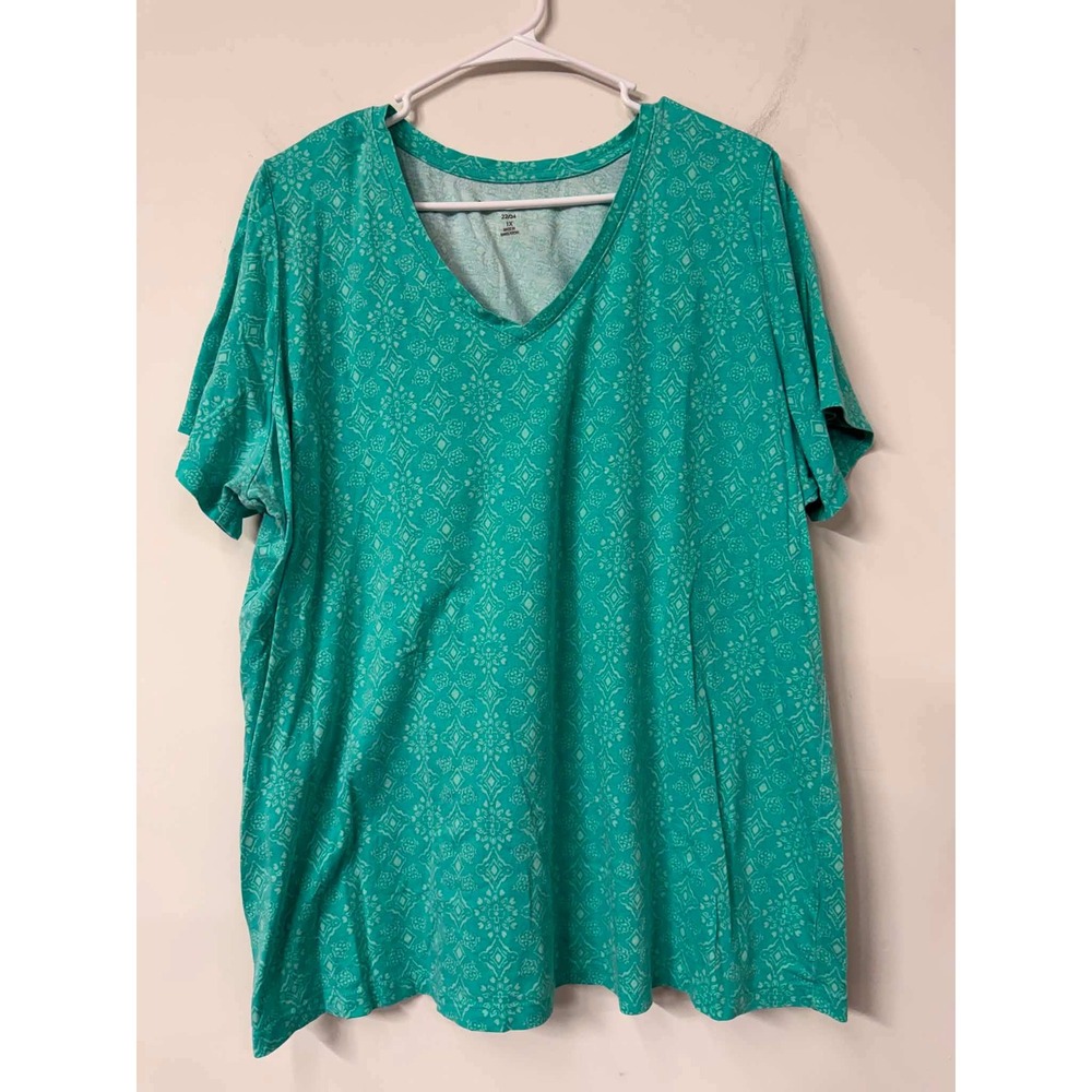 Woman Within Teal Green Medallion Print V-Neck Cotton T-Shirt Plus Size 1X 22/24